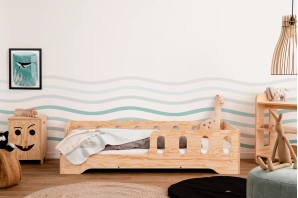 Łóżko pojedyncze dla dzieci z barierką i stelażem TILA 1 Montessori Drewniane