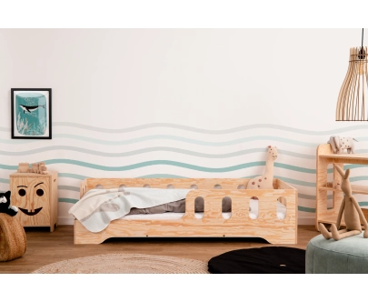 Łóżko pojedyncze dla dzieci z barierką i stelażem TILA 1 Montessori Drewniane