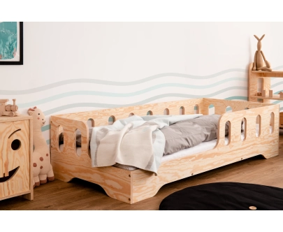 Łóżko pojedyncze dla dzieci z barierką i stelażem TILA 1 Montessori Drewniane