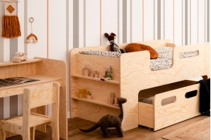 Łóżko dziecięce z szufladą i stelażem PIPI Montessori Drewniane
