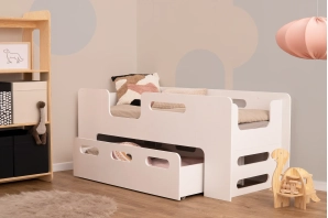 Łóżko dziecięce z szufladą i stelażem PIPI Montessori Drewniane
