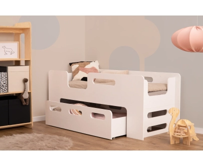 Łóżko dziecięce z szufladą i stelażem PIPI Montessori Drewniane