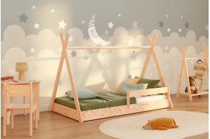 Łóżko domek podłogowe z barierką i stelażem TIPI F Montessori Drewniane