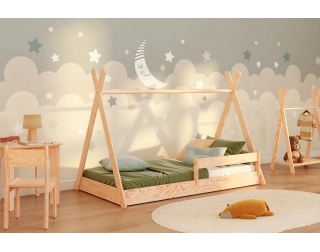 Łóżko domek podłogowe z barierką i stelażem TIPI F Montessori Drewniane