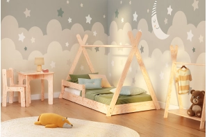 Łóżko domek podłogowe z barierką i stelażem TIPI F Montessori Drewniane