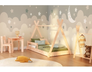 Łóżko domek podłogowe z barierką i stelażem TIPI F Montessori Drewniane
