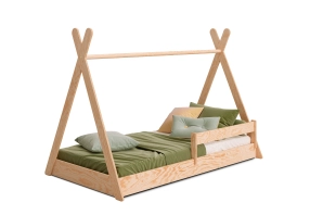 Łóżko domek z barierką i stelażem TIPI FLOOR Montessori Drewniane