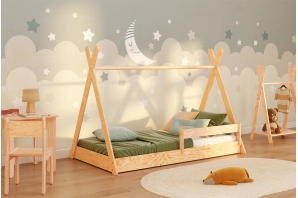 Łóżko domek z barierką i stelażem TIPI FLOOR Skandynawskie Sosnowe