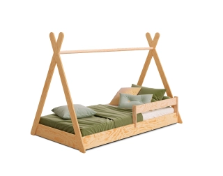 Łóżko domek z barierką i stelażem TIPI FLOOR Skandynawskie Sosnowe