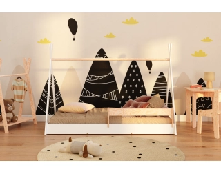 Łóżko domek podłogowe z barierką i stelażem TIPI F Montessori Drewniane
