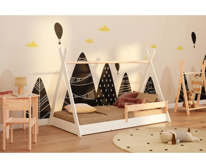 Łóżko domek podłogowe z barierką i stelażem TIPI F Montessori Drewniane