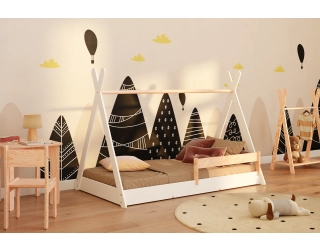 Łóżko domek podłogowe z barierką i stelażem TIPI F Montessori Drewniane