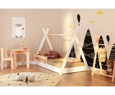 Łóżko domek podłogowe z barierką i stelażem TIPI F Montessori Drewniane