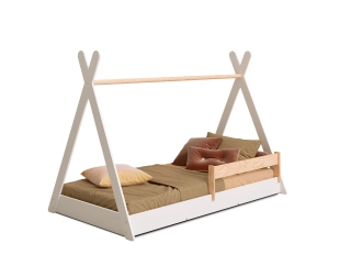 Łóżko domek podłogowe z barierką i stelażem TIPI F Montessori Drewniane