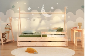 Łóżko domek dla dziecka z szufladą, barierką i stelażem TIPI DRAWER Montessori Drewniane