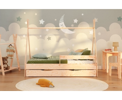 Łóżko domek dla dziecka z szufladą, barierką i stelażem TIPI D Montessori Drewniane