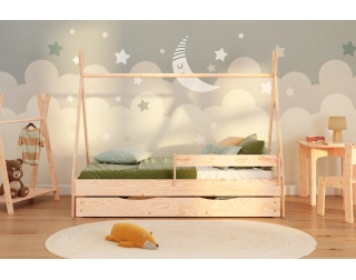 Łóżko domek dla dziecka z szufladą, barierką i stelażem TIPI DRAWER Montessori Drewniane