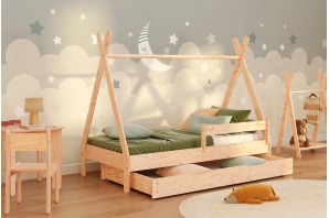 Łóżko domek dla dziecka z szufladą, barierką i stelażem TIPI DRAWER Montessori Drewniane