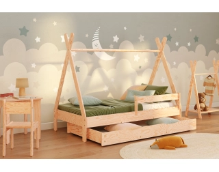 Łóżko domek dla dziecka z szufladą, barierką i stelażem TIPI DRAWER Montessori Drewniane