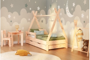 Łóżko domek dla dziecka z szufladą, barierką i stelażem TIPI DRAWER Montessori Drewniane
