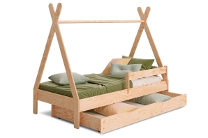 Łóżko domek dla dziecka z szufladą, barierką i stelażem TIPI DRAWER Montessori Drewniane
