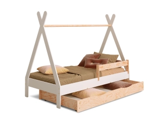 Łóżko domek dla dziecka z szufladą, barierką i stelażem TIPI D Montessori Drewniane