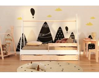 Łóżko domek dla dziecka z szufladą, barierką i stelażem TIPI D Montessori Drewniane