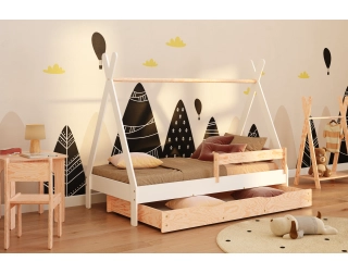 Łóżko domek dla dziecka z szufladą, barierką i stelażem TIPI D Montessori Drewniane