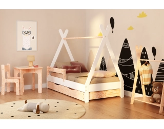 Łóżko domek dla dziecka z szufladą, barierką i stelażem TIPI D Montessori Drewniane