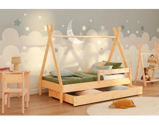 Łóżko domek dla dziecka z szufladą, barierką i stelażem TIPI D Montessori Drewniane