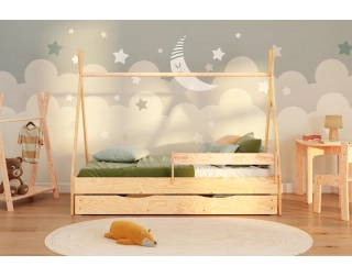 Łóżko domek dla dziecka z szufladą, barierką i stelażem TIPI D Montessori Drewniane