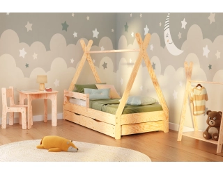 Łóżko domek dla dziecka z szufladą, barierką i stelażem TIPI D Montessori Drewniane