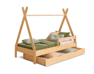 Łóżko domek dla dziecka z szufladą, barierką i stelażem TIPI D Montessori Drewniane
