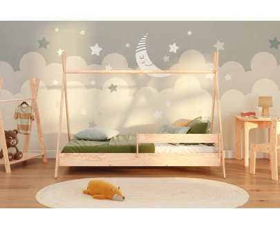 Łóżko domek dla dziecka z barierką i stelażem TIPI Montessori Drewniane