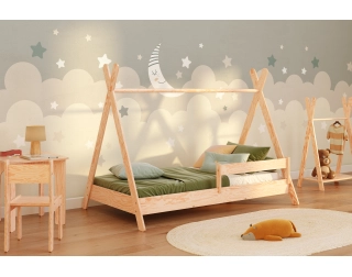 Łóżko domek dla dziecka z barierką i stelażem TIPI Montessori Drewniane
