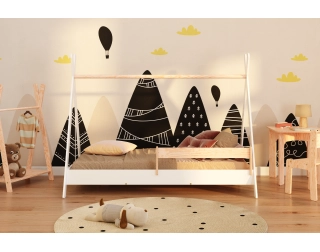 Łóżko domek dla dziecka z barierką i stelażem TIPI Montessori Drewniane