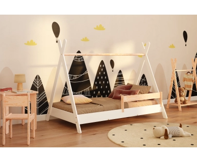 Łóżko domek dla dziecka z barierką i stelażem TIPI Montessori Drewniane