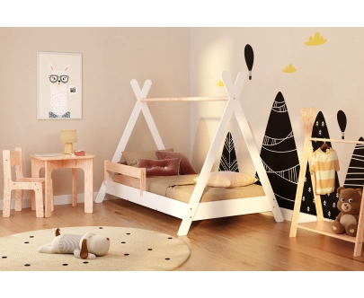 Łóżko domek dla dziecka z barierką i stelażem TIPI Montessori Drewniane