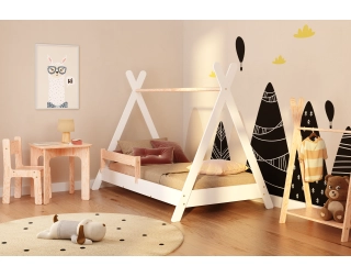 Łóżko domek dla dziecka z barierką i stelażem TIPI Montessori Drewniane