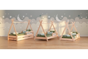 Łóżko domek dla dziecka z szufladą, barierką i stelażem TIPI DRAWER Montessori Drewniane