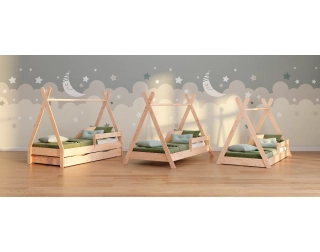 Łóżko domek dla dziecka z szufladą, barierką i stelażem TIPI DRAWER Montessori Drewniane