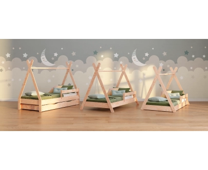 Łóżko domek dla dziecka z barierką i stelażem TIPI Montessori Drewniane