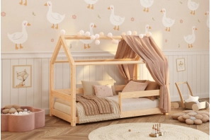 Łóżko domek dla dziecka z barierką i stelażem MILO Montessori Drewniane