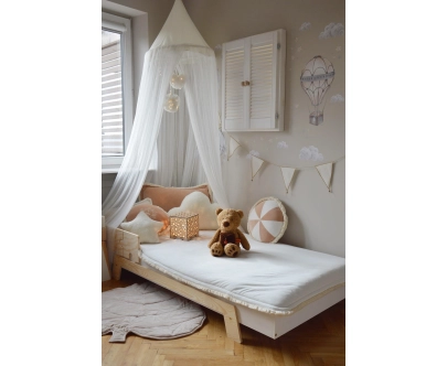 Łóżko pojedyncze dla dzieci z barierką i stelażem PUZZLE BR1 Montessori Drewniane