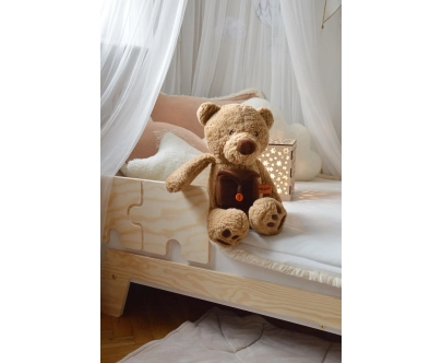 Łóżko pojedyncze dla dzieci z barierką i stelażem PUZZLE BR1 Montessori Drewniane