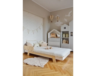 Łóżko pojedyncze dla dzieci z barierką i stelażem PUZZLE BR1 Montessori Drewniane