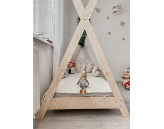 Łóżko domek dla dziecka z barierką i stelażem TIPI Montessori Drewniane