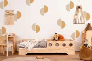 Łóżko pojedyncze dla dzieci z barierką i stelażem TILA 5 Montessori Drewniane