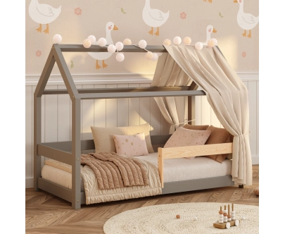 Łóżko domek dla dziecka z barierką i stelażem MILO Montessori Drewniane