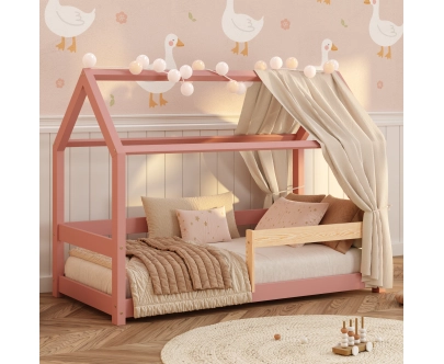 Łóżko domek dla dziecka z barierką i stelażem MILO Montessori Drewniane